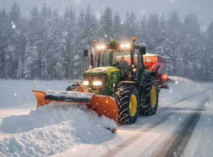 Zelený traktor jedoucí po zasněžené cestě a táhne před sebou hromadu sněhu